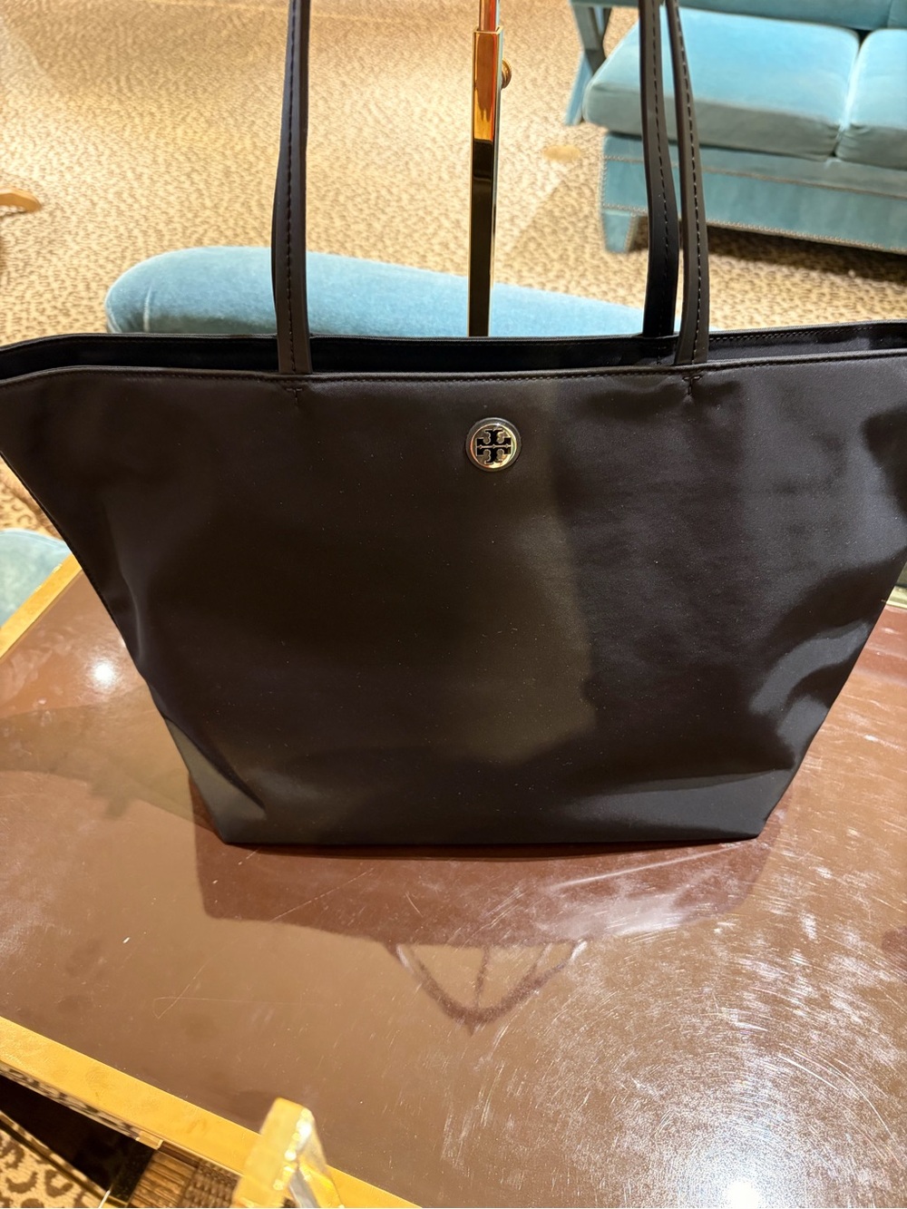 Tory Burch black Tote nylon tote bag zip closure logo accent gold in Large - Picture 3 of 6